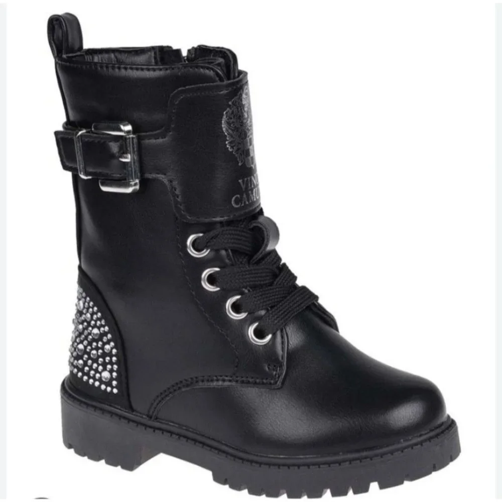 NWT Vince Camuto Comfy Black Silver Studded Lace Up Combat Kids Boots Sz 6